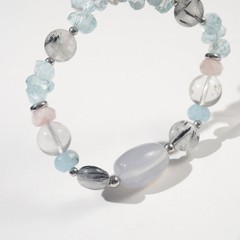 Blue Chalcedony, Black Tourmalinated and Clear Quartz, Morganite and Aquamarine - GAEA