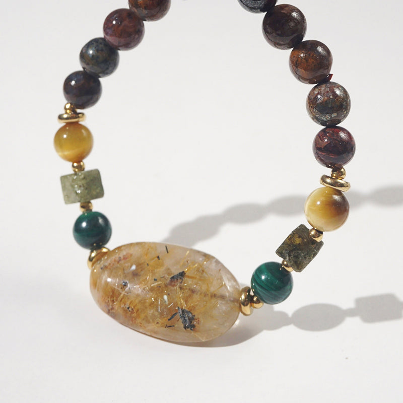 Golden Rutilated Quartz, Malachite, Garnet and Pietersite - GAEA