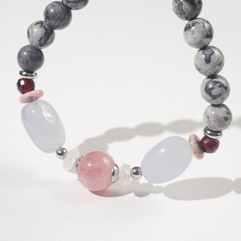 Madagascar Rose Quartz, Moonstone, Rhodochrosite, Garnet, Blue Chalcedony and Crazy Lace Agate - GAEA