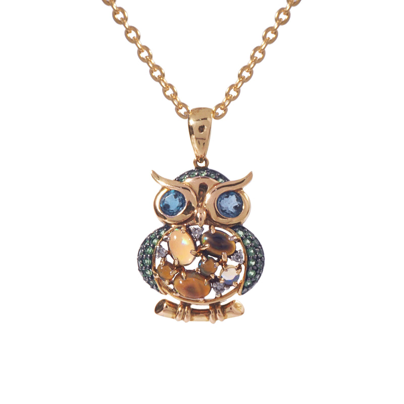 London Blue and White Topaz, Tsavorite Garnet, and Ethiopian Precious Opal Owl - GAEA