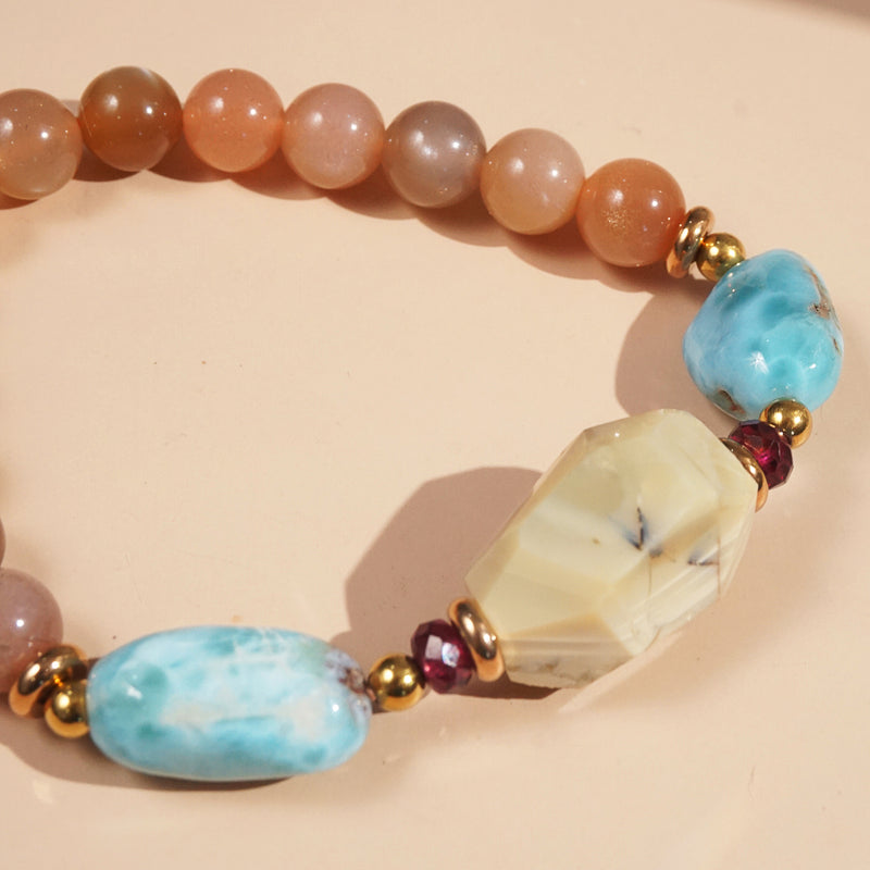 Ivory Opal, Peach Moonstone, Larimar, and Garnet - GAEA