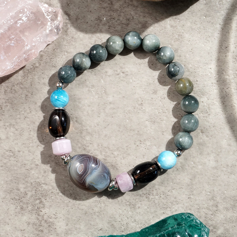 Botswana Agate, Eagle Eye, Smoky Quartz, Kunzite, and Apatite - GAEA