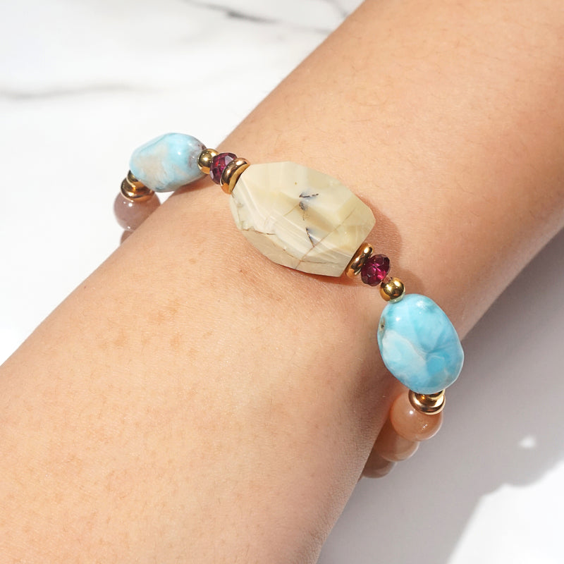 Ivory Opal, Peach Moonstone, Larimar, and Garnet - GAEA