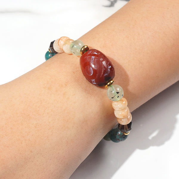 Carved Carnelian, Cuprite in Chrysocolla, Sunstone, Prehnite, and Smoky Quartz - GAEA