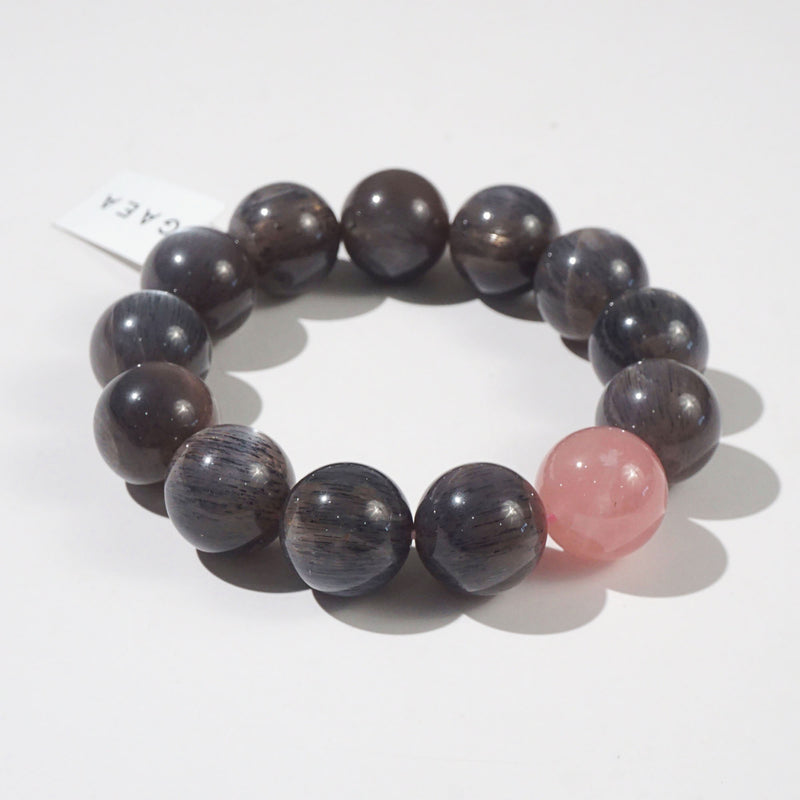 AA-Grade Black Sunstone 16mm with Madagascar Rose Quartz Accent - GAEA