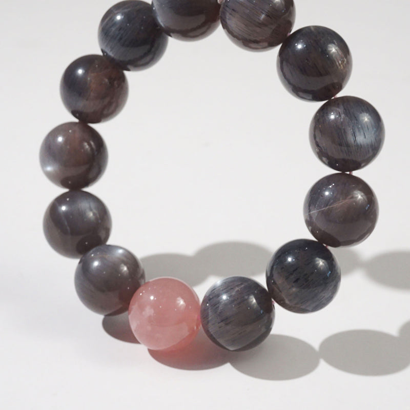 AA-Grade Black Sunstone 16mm with Madagascar Rose Quartz Accent - GAEA