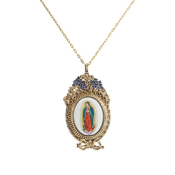 Lady of Guadalupe Enamel with A-Grade Blue Sapphire on Rhodium Medallion - Gaea | Crystal Jewelry & Gemstones (Manila, Philippines)