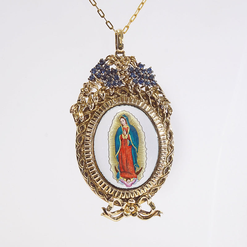 Lady of Guadalupe Enamel with A-Grade Blue Sapphire on Rhodium Medallion - Gaea | Crystal Jewelry & Gemstones (Manila, Philippines)