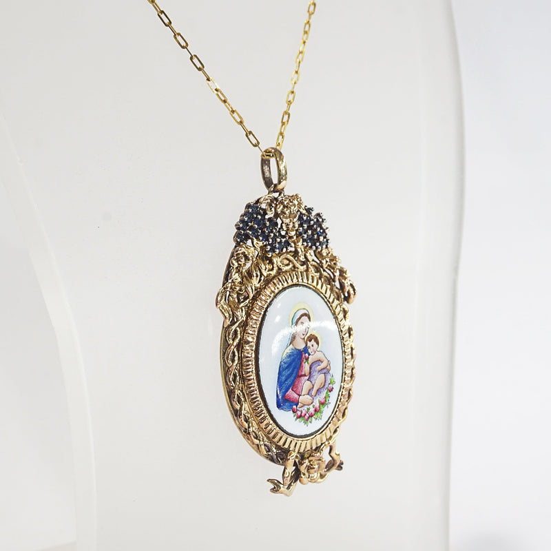 Madonna and Child Enamel with A-Grade Blue Sapphire on Rhodium Medallion - Gaea | Crystal Jewelry & Gemstones (Manila, Philippines)