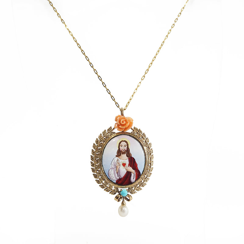 Sacred Heart Enamel with Italian Coral, Turquoise and Freshwater Pearl Medallion (M) - Gaea | Crystal Jewelry & Gemstones (Manila, Philippines)