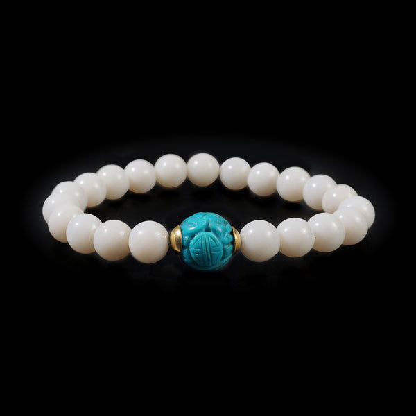 A-Grade White Hetian Nephrite Jade 8mm with Carved Turquoise - GAEA