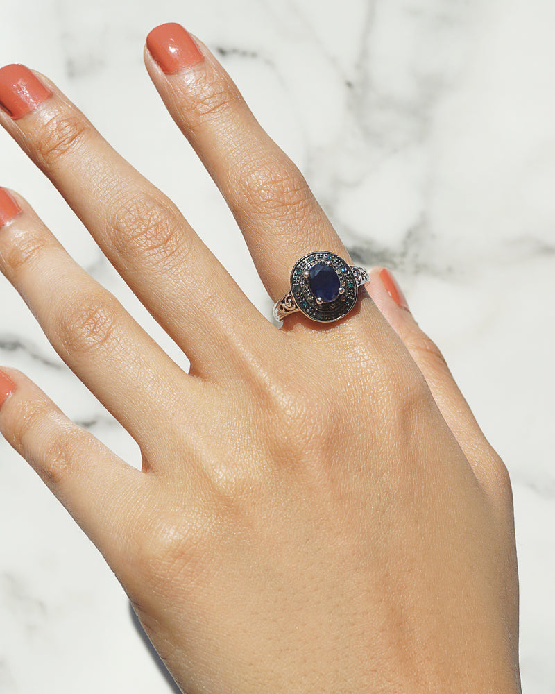 AA-Grade Blue Sapphire with Blue and Champagne Diamonds - Gaea