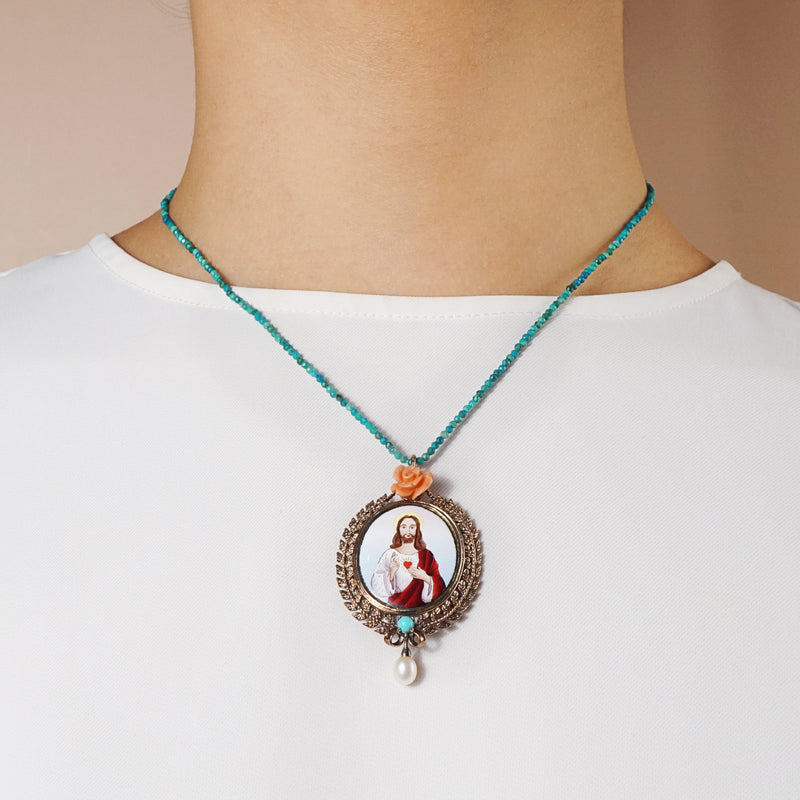 Sacred Heart Enamel with Italian Coral, Turquoise and Freshwater Pearl Medallion (M) - Gaea | Crystal Jewelry & Gemstones (Manila, Philippines)