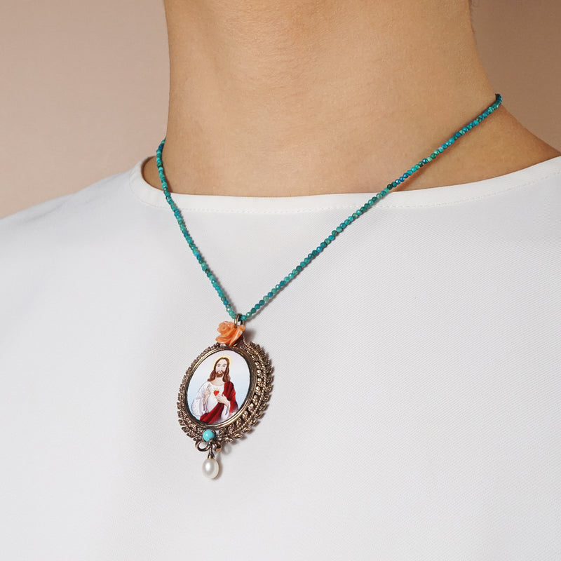Sacred Heart Enamel with Italian Coral, Turquoise and Freshwater Pearl Medallion (M) - Gaea | Crystal Jewelry & Gemstones (Manila, Philippines)