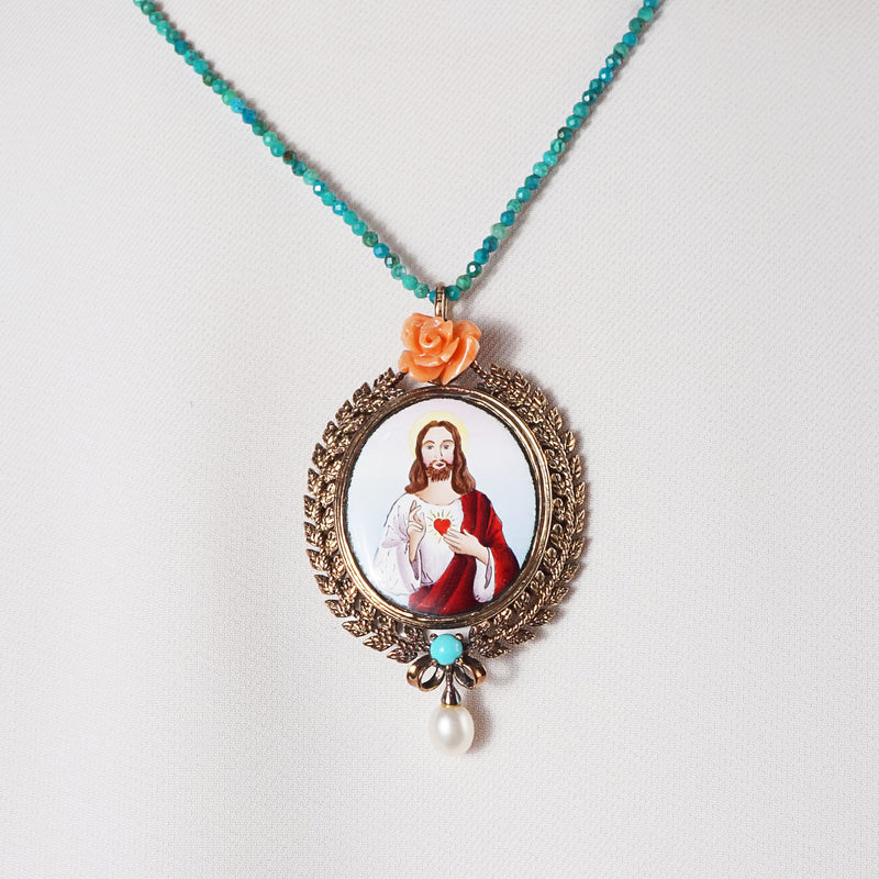 Sacred Heart Enamel with Italian Coral, Turquoise and Freshwater Pearl Medallion (M) - Gaea | Crystal Jewelry & Gemstones (Manila, Philippines)