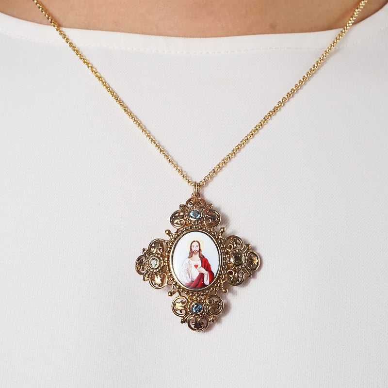 Sacred Heart Enamel with A-Grade London Blue Topaz and Moldavite Medallion (S) - Gaea | Crystal Jewelry & Gemstones (Manila, Philippines)