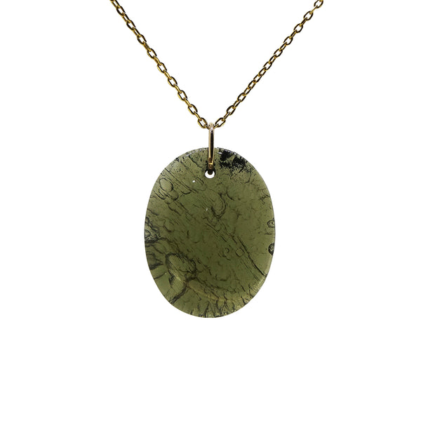 Rough and Polished Moldavite Cabochon in 14K Gold (J) - Gaea