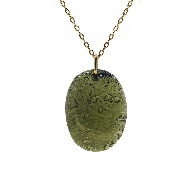 Rough and Polished Moldavite Cabochon in 14K Gold (B) - Gaea