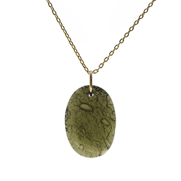 Rough and Polished Moldavite Cabochon in 14K Gold (E) - Gaea