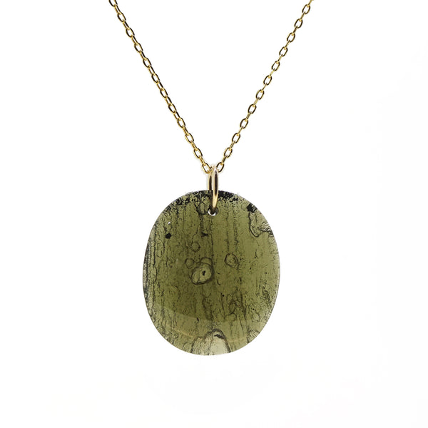 Rough and Polished Moldavite Cabochon in 14K Gold (G) - Gaea