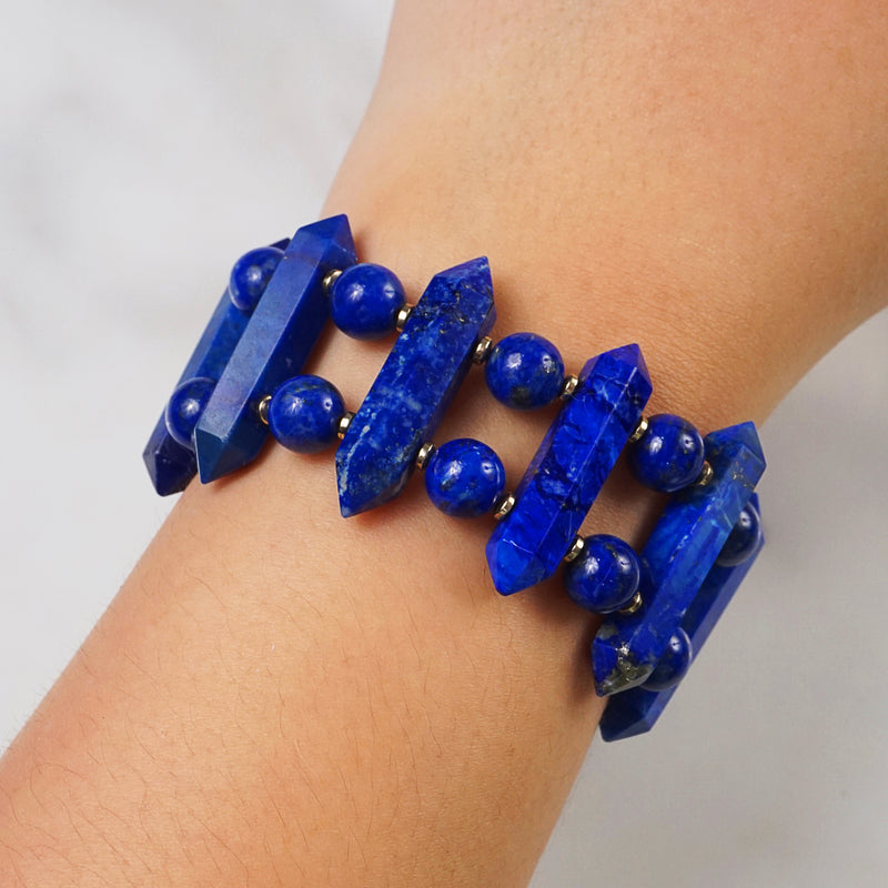 A-Grade Geometric Lapis Lazuli with Gold Hematite Bangle - Gaea