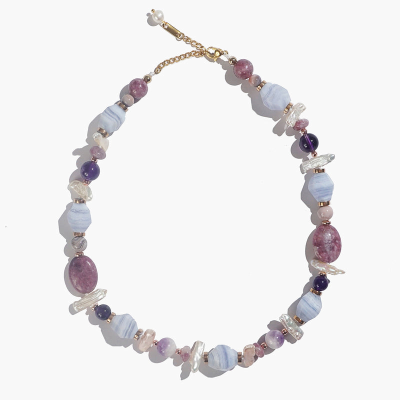 Blue Lace Chalcedony, Lepidolite, Amethyst, Pearl, Plated Hematite - Gaea