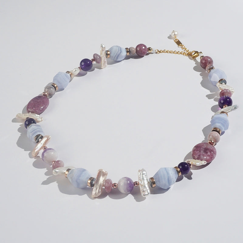 Blue Lace Chalcedony, Lepidolite, Amethyst, Pearl, Plated Hematite - Gaea