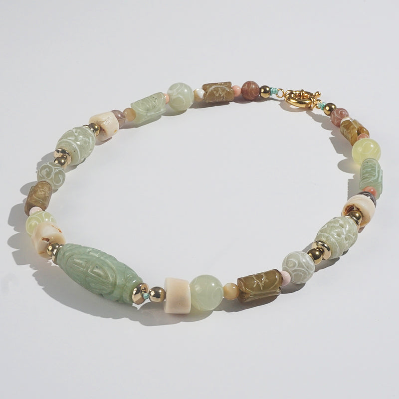 Carved Nephrite Jade, Agate, Mother of Pearl & Gold-Plated Hematite - Gaea