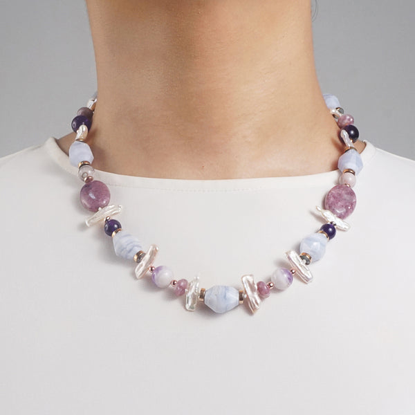 Blue Lace Chalcedony, Lepidolite, Amethyst, Pearl, Plated Hematite - Gaea