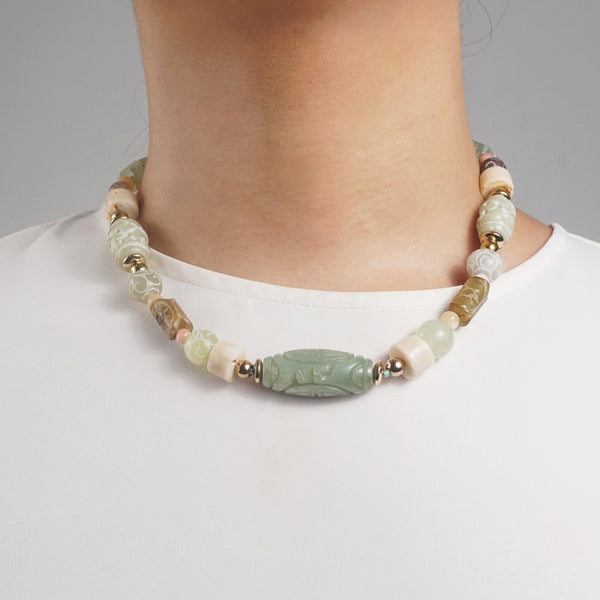 Carved Nephrite Jade, Agate, Mother of Pearl & Gold-Plated Hematite - Gaea