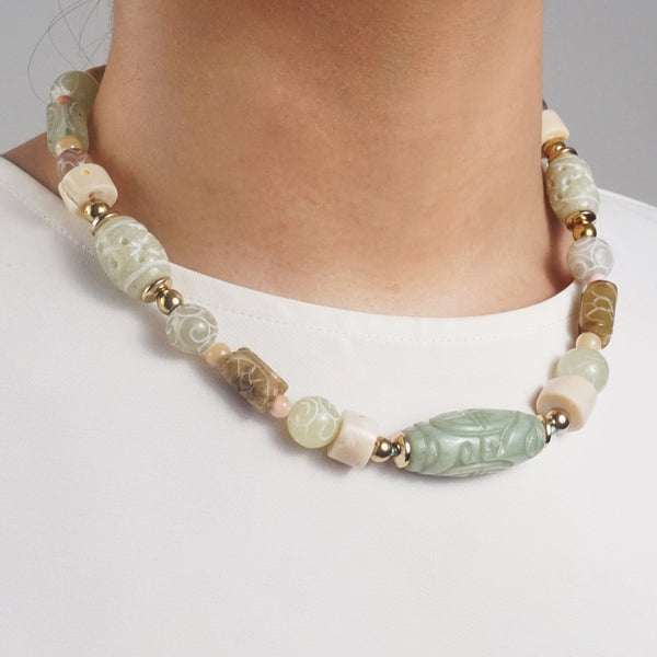 Carved Nephrite Jade, Agate, Mother of Pearl & Gold-Plated Hematite - Gaea